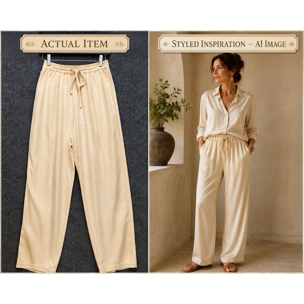 Laura Tyler Silk Pants Women Vintage Wide Leg Cream Small Excellent Minimalist